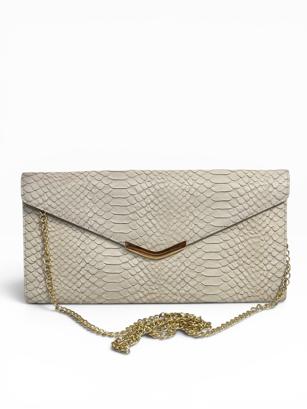 Brooks Brothers Snakeskin Embossed Leather Clutch Chain Strap Evening Bag Beige
